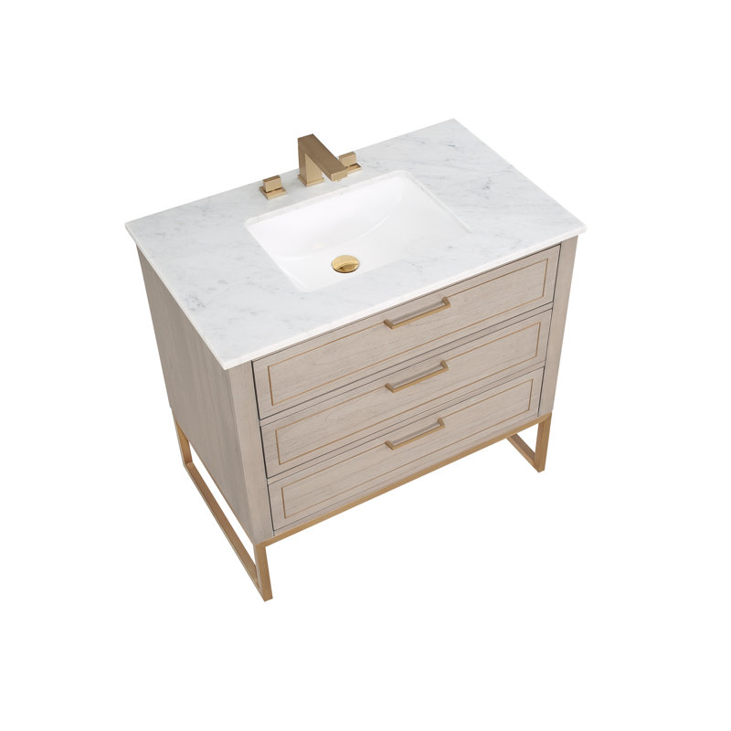 Markham 36'' W Single Vanity, Satin Brass, Cashmere Gray, Carrara Marble