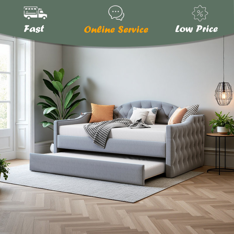 Twin Size Tufted Upholstered Daybed With Trundle, Gray