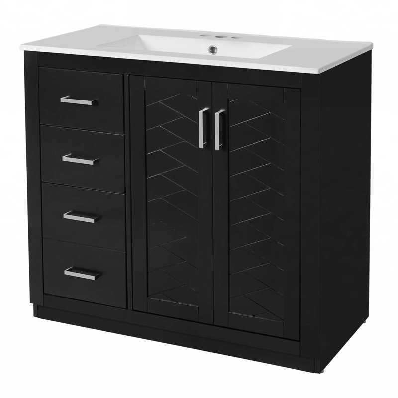 Meuble-lavabo de 36 po avec lavabo en céramique, structure en bois massif, 3 tiroirs et portes à fermeture douce pour un grand rangement