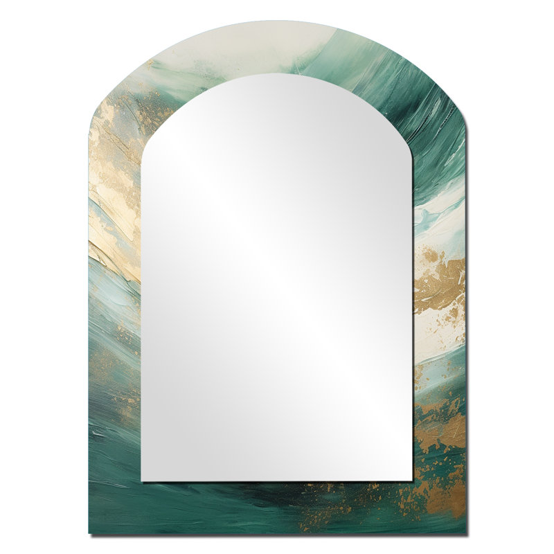 Or et vert Soft Wave Fusion - miroir mural asymétrique de formes abstraites, miroir décoratif arche moderne, impression d'art en métal