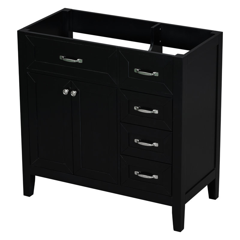 Meuble-lavabo 36 po sans lavabo. Armoire noire avec tiroirs. Bois d'hévéa massif et rangement. Assemblage requis seulement. Base autoportante moderne