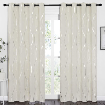 Blackout Striped Pattern Curtains, Window Treatment Thermal Insulated Solid Grommet Blackout Wave Line Foil Print Design Curtains for Living Room (Set of 2, 52 by 84 Inch, Beige)