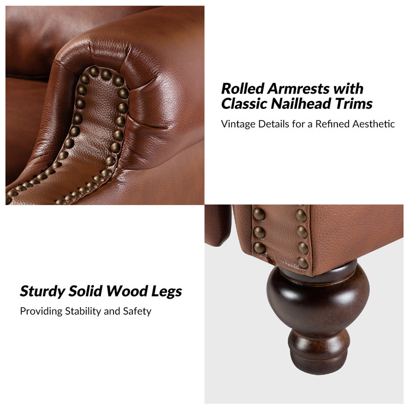 Fauteuil inclinable en cuir véritable Anre avec garniture cloutée, Cuir fleur brun