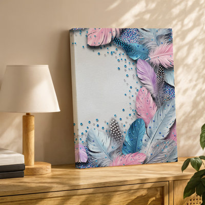 Toile, fond texturé vibrant avec un ensemble de plumes délicates dans des tons pastel doux de rose, bleu et blanc, art mural sur toile