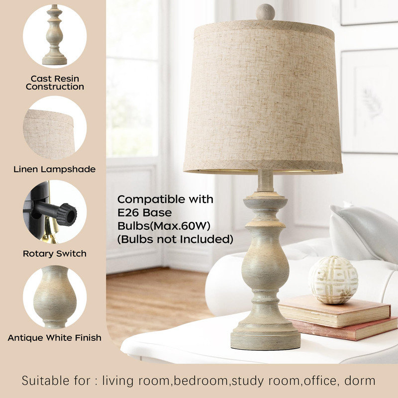 White 22" Rustic Farmhouse Table Lamp Set with Linen Shades