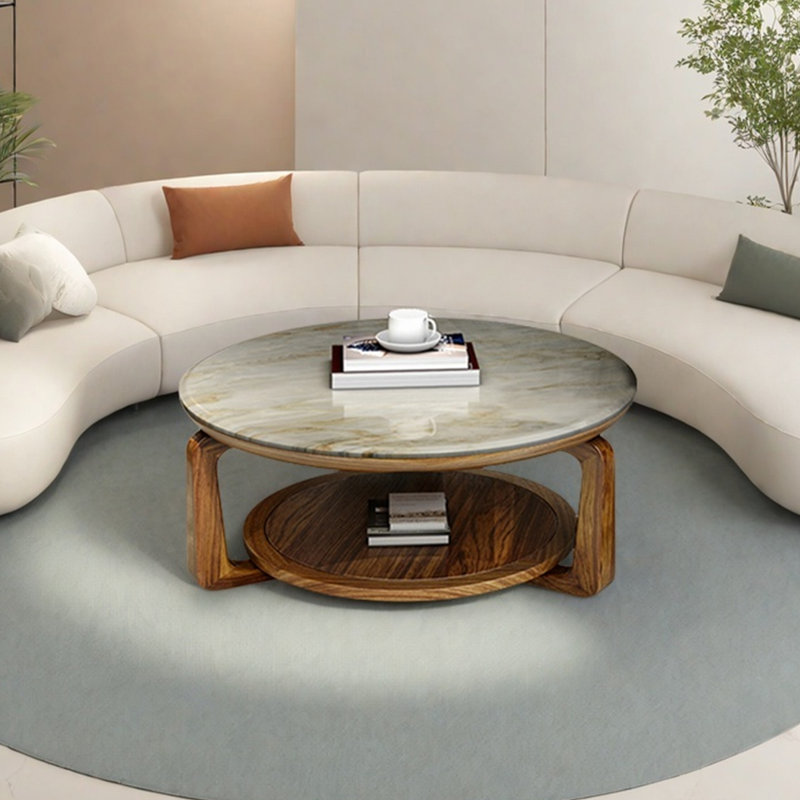 Round solid wood marble coffee table