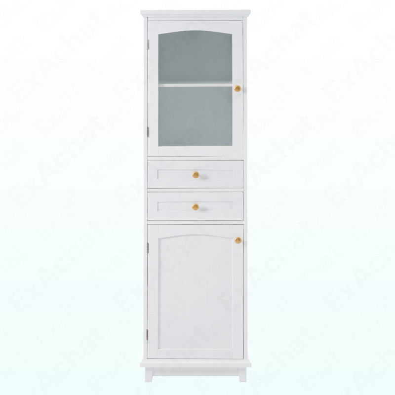 63" Tall Bathroom Storage Cabinet With Glass Doors, Free-Standing, Two Drawers, And Adjustable Shelves, MDF Board, Painted White - Perfect For Displaying Your Favorite Items