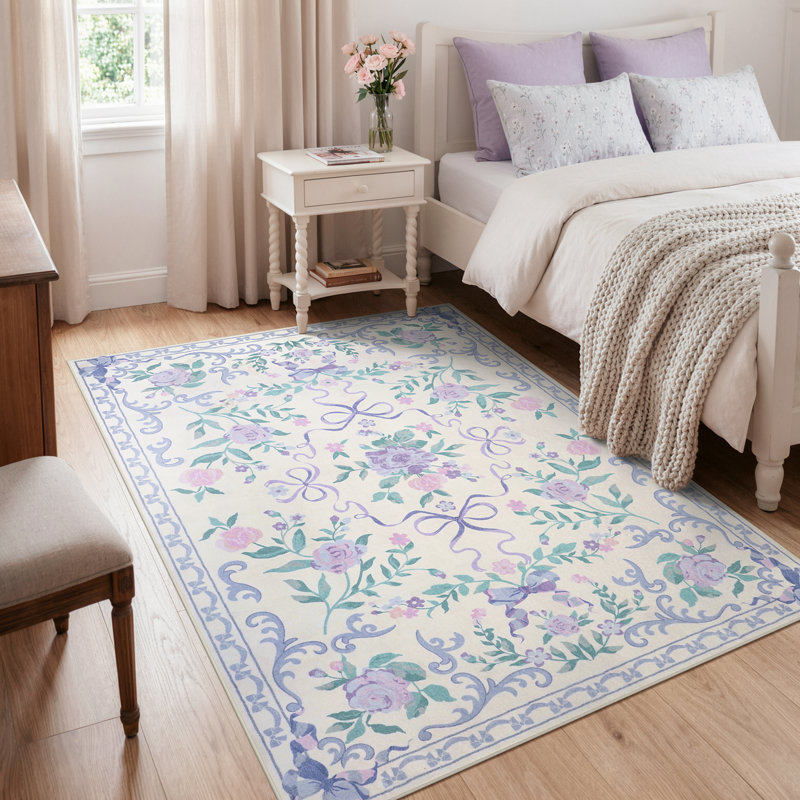 Kaldi Floral Washable Area Rug Non-Slip Stain Resistant Low-Pile Boho Large Indoor Throw Carpet, Rectangle 5' x 7'