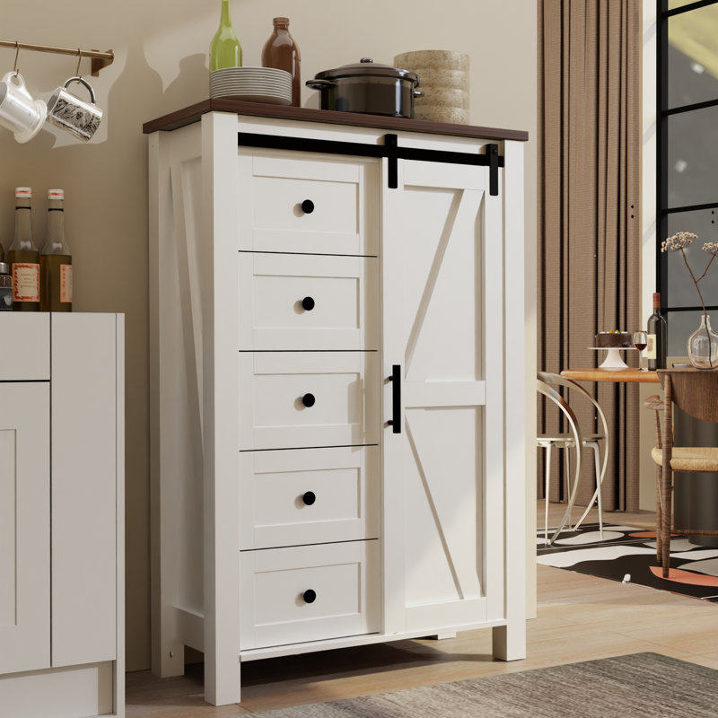 Farmhouse 5 Drawers Dresser Storage Cabinet Chest With Barn Doors