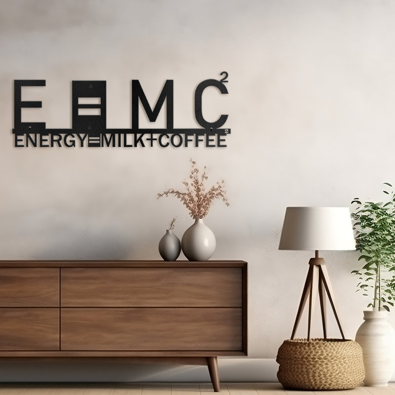 E = MC² Energy Milk Coffee Décoration murale abstraite moderne décoration en métal, H 6 po x l 20 po x P 0,05 po, Noir
