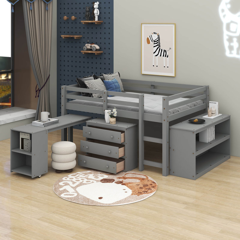 Lit mezzanine double avec armoire, tablettes et bureau