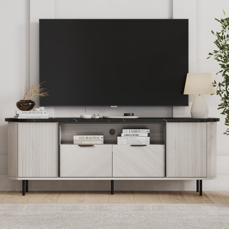 Moderne 68 po avec rangement et tablettes pour téléviseur de 75 po ou moins, meuble audio-vidéo, sable blanc