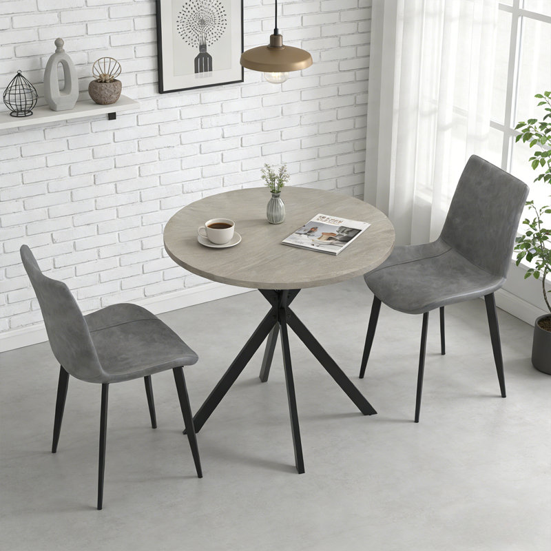 31.5 Inch Dining Table And Chairs For 2, Mid Century Modern Round Table Set, Space Saving For Apartment Kitchen Dining Room Rhine Gray Table &2 Dark Gray Chairs