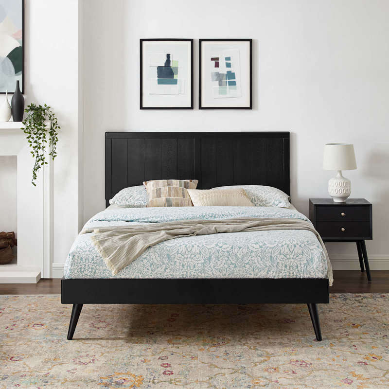 Mid-Century Walnut Queen Platform Bed with Wood Slat Support