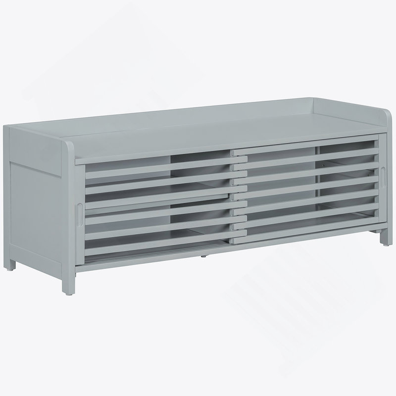 Distressed Shutter Storage Bench With Acacia Veneer For Retro Charm For Living Room, Entryway (Grey), Gray