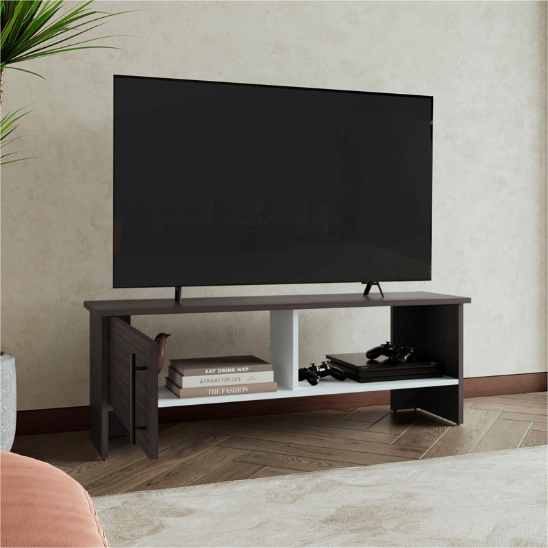 Meuble télé 47 po de large avec armoire à une porte et tablette ouverte pour le salon, centre de divertissement noyer foncé Navia - blanc