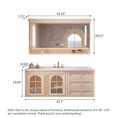 Meuble-lavabo mural moderne de couleur crème, en bois d'hévéa massif avec lavabo en céramique intégré et armoire à miroir intelligente