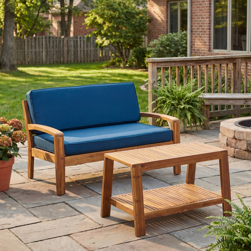  Ensemble de conversation d'extérieur en bois d'acacia 2 pièces, causeuse et table basse résistantes aux intempéries, teck et bleu foncé