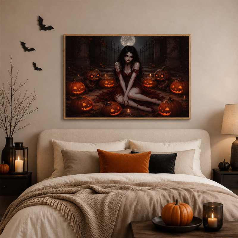 «Gothic Woman with Glowing Jack O Lanterns And Halloween», art mural sur toile, H 24 po x l 36 po