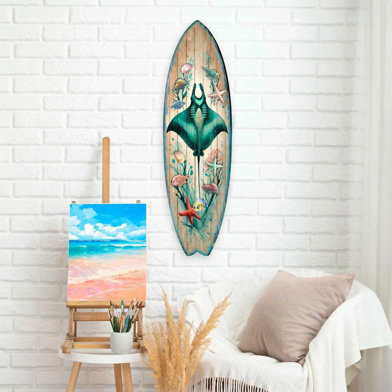 Art mural de planche de surf Manta Ray - décor océanique côtier fabriqué à la main par G.Debrekht - décor de maison de plage sous la mer