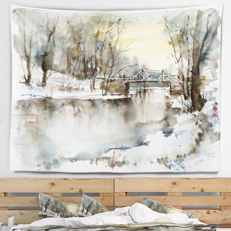 Pont blanc de paysage sur la tapisserie de la rivière, H 32 po x l 39 po