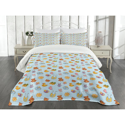 Ambesonne Cartoon Bedspread Set  Sun Ribbon Teddy Bear Art  Pale Blue Cinnamon -  bed_49022_king
