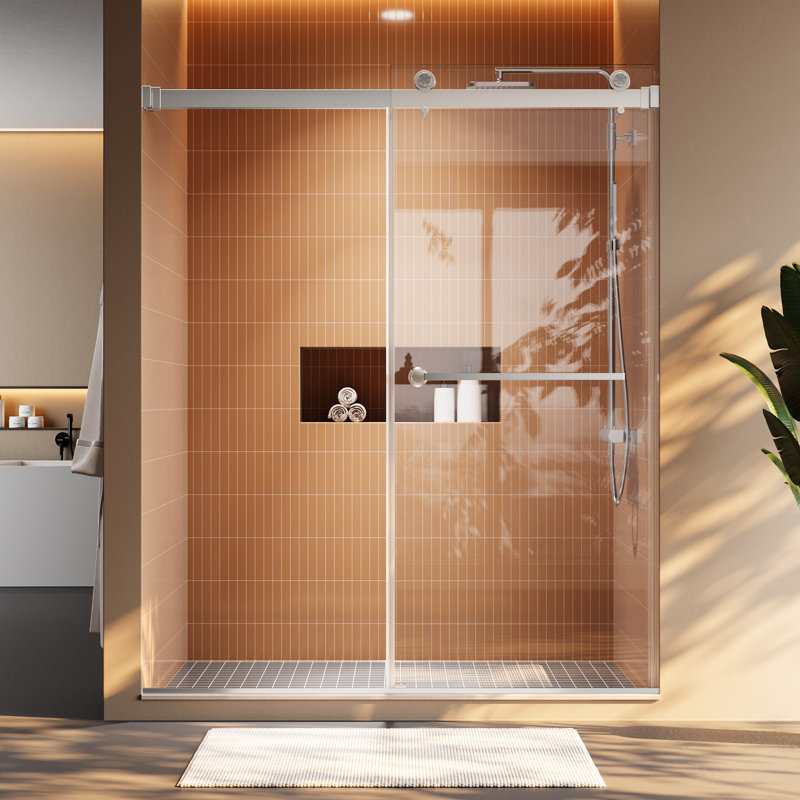 55-59" W X 72" H Frameless Double Sliding Shower Door | 8Mm SGCC Certified Light Wave Tempered Glass | Reversible Installation | Brushed Nickel Stainless Steel Hardware
