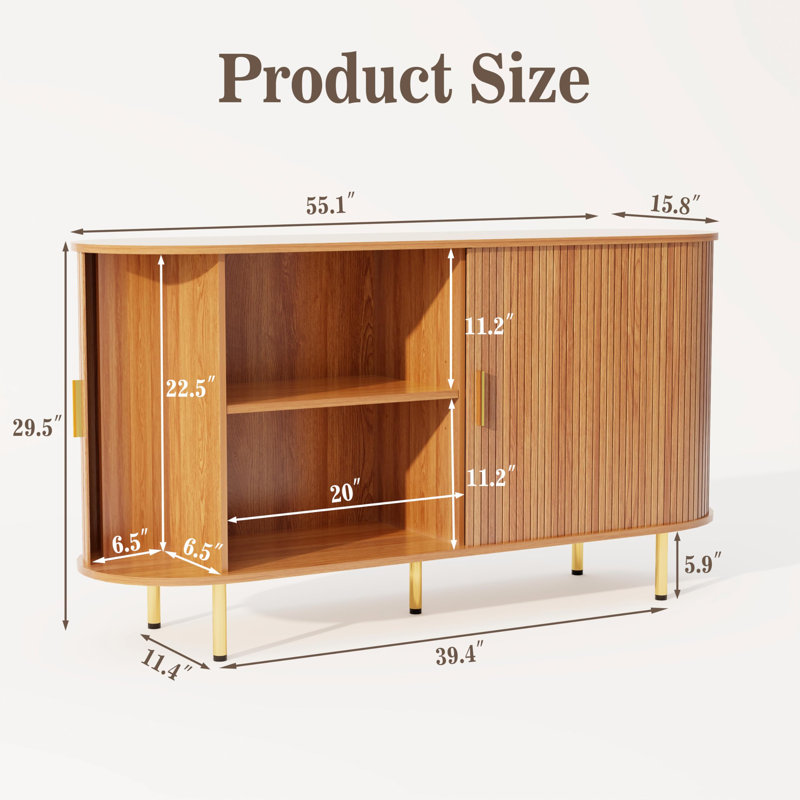 Buffet de 55 pouces avec portes coulissantes et tablette ajustable Tambour, Jaune noyer, 29,5 po x l 55 po x P 15,8 po