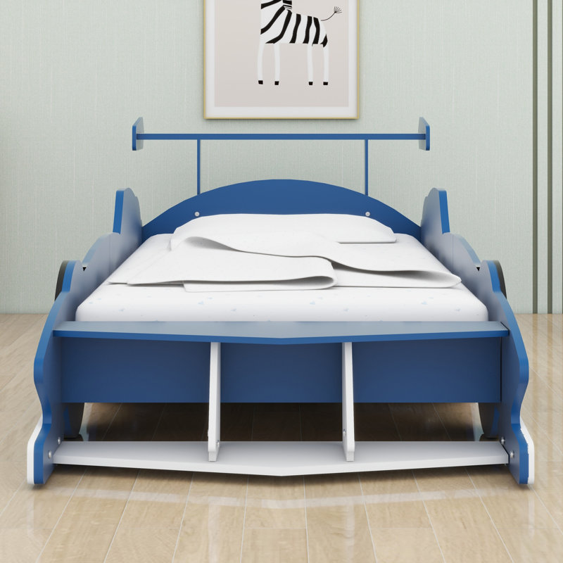 Race Car-Shaped Platform Bed With Wheels, Blue