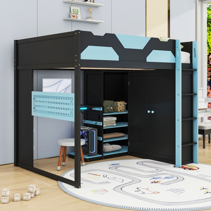 Full Wood Loft Bed With Adjustable Desk, Wardrobe, Charging Station And RGB LED Lighting, Cloud Blue