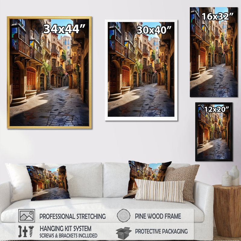 Espagne, quartier gothique de Barcelone, art mural sur toile Cityscapes, Encadrement doré, H 32 po x l 24 po x P 1 po