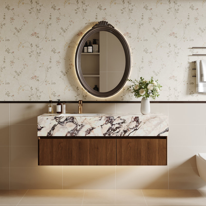 48'' Modern Luxury Bathroom Cabinet with Sintered Stone Top, Floating Bathroom Vanity with U-Shaped Cutout Drawer, Brown