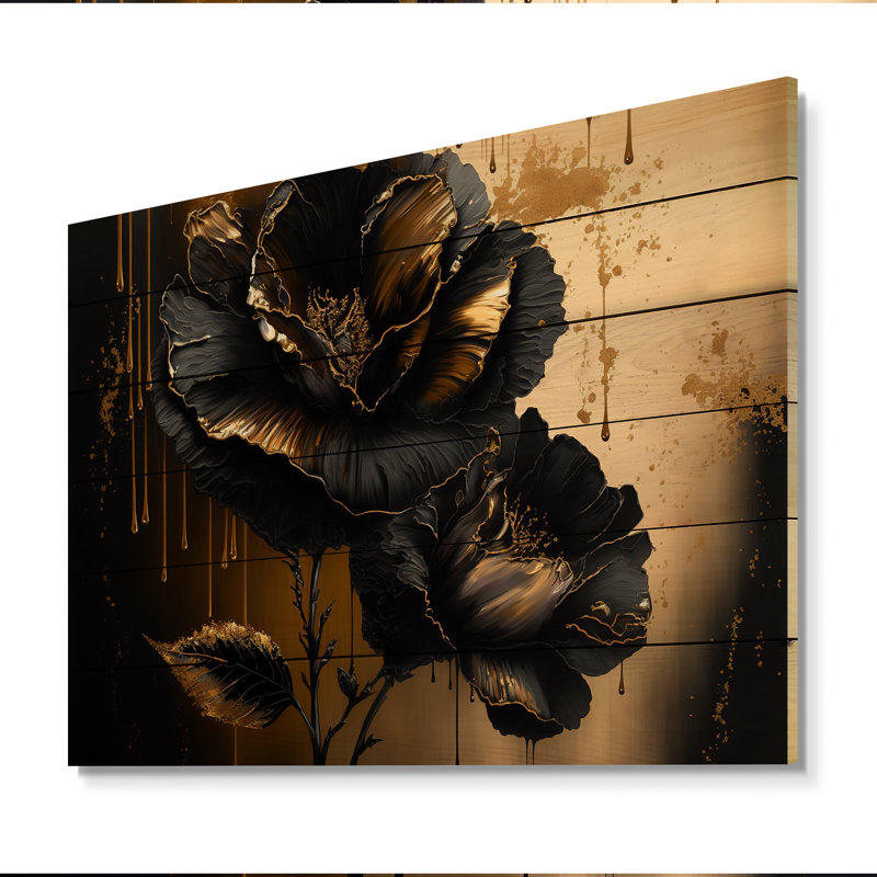 Hibiscus noir et doré Abryana III - impression sans cadre sur bois, H 12 po x l 20 po x P 1 po