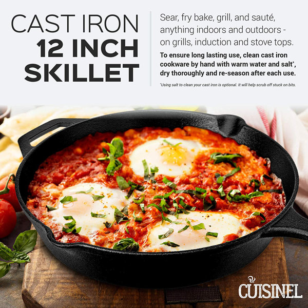 Cuisinel 10 inch and 12 inch Pre Seasoned Round Cast Iron Skillet Set with Lids