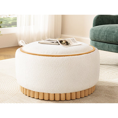 Rond 29 po avec couvercle réversible, base en bois, tissu bouclé, multifonctionnel, compartiment de rangement pour le salon, rangement caché moderne, sans espace d'assemblage