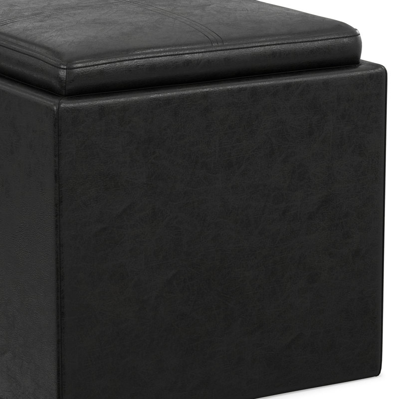 Repose-pieds carré contemporain avec rangement en cuir végétalien et plateau basculant Rockwood, Similicuir noir vieilli