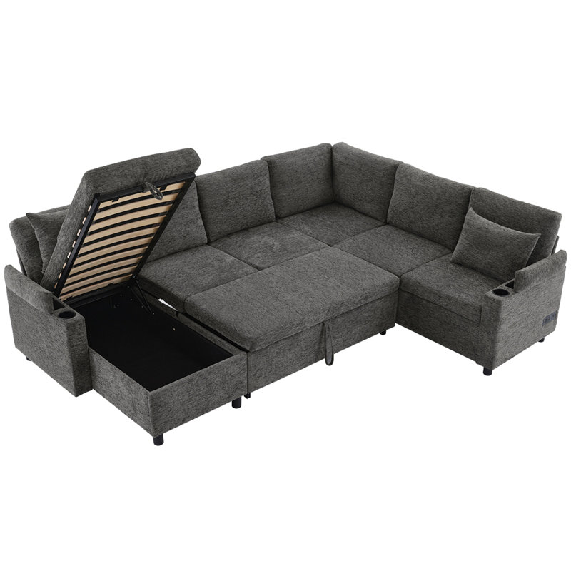 Sectional Sofa Versatile Sofa Bed Sleeper U-shaped with Ample Storage Cup Holders and Charging Ports for Living Room, Gray