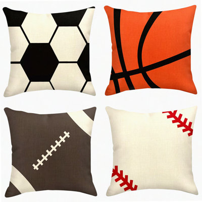 Sports Fan Linen Throw Pillow Covers - Set of 4 Rustic Soccer Baseball Football Decorative Cases for Home Decor. Square Pillowcases.