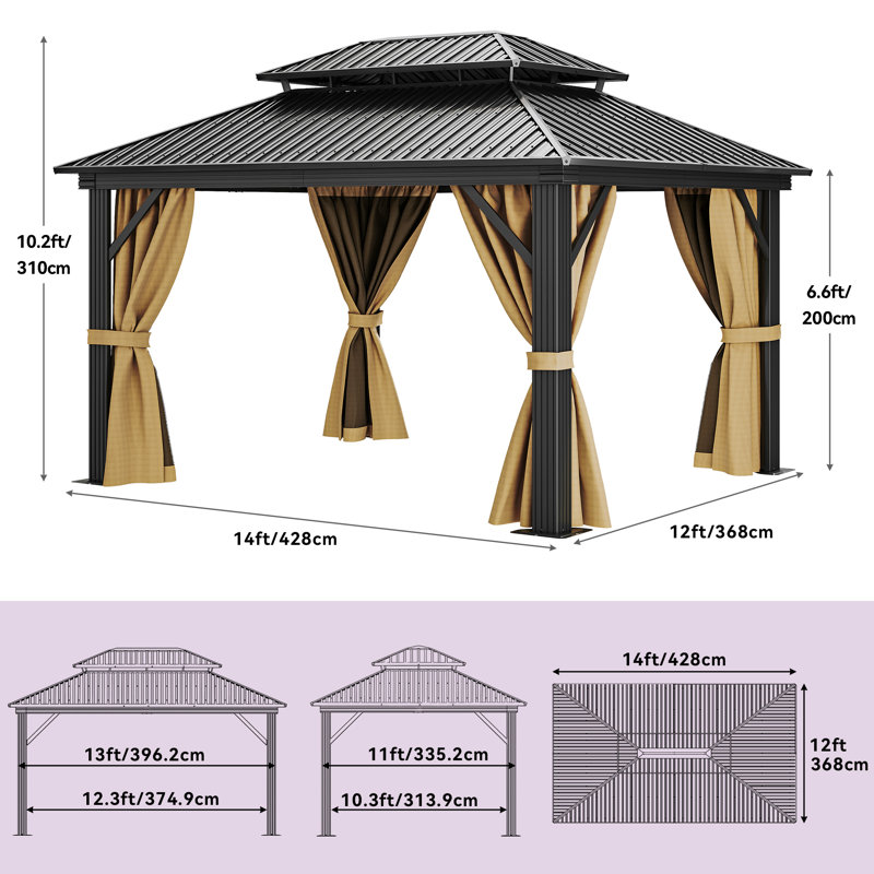 Balconera  Double-Roofed Aluminum Patio Gazebo With Curtain And Mosquito Netting, 9.6ft H x 14ft W x 12 ft D