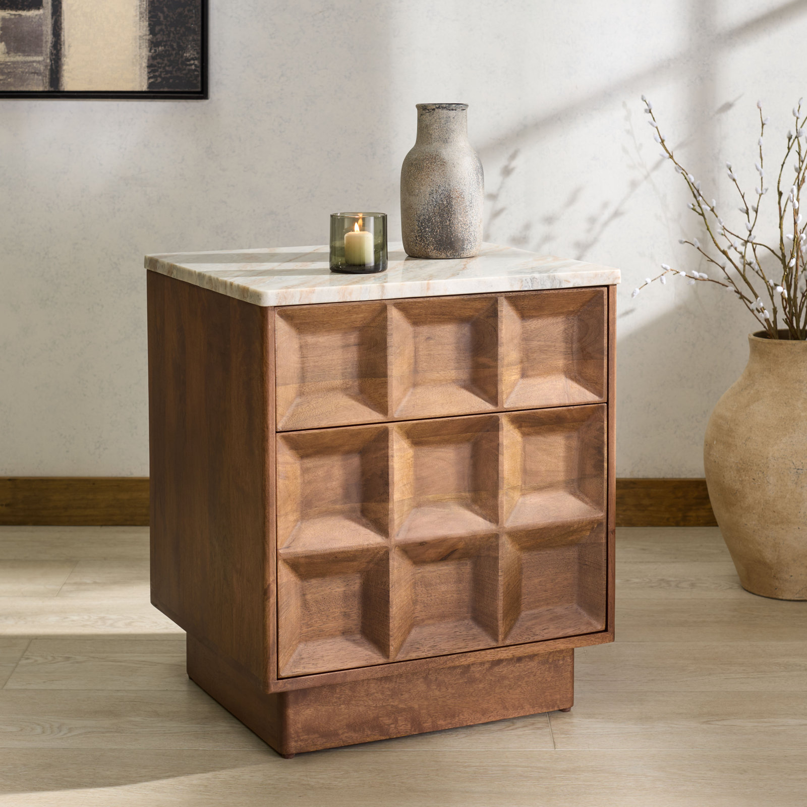 Paxter Marble Top Nightstand, Walnut/White