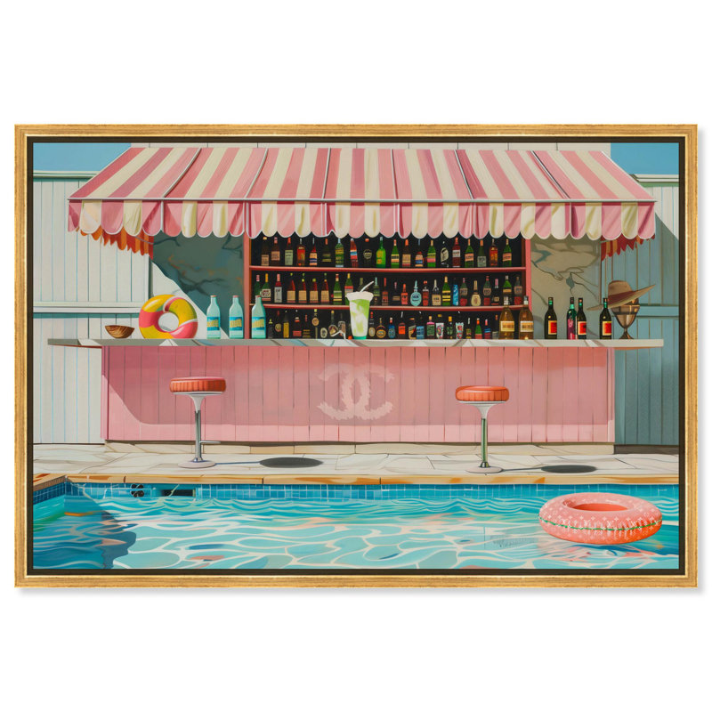 Pink Pool Bar Party Canvas Glam Coastal Art by, 17" H x 25" W, Gold Floater Frame