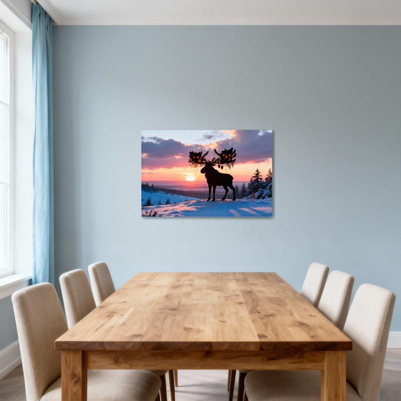 Silhouette d'orignal de Noël, coucher de soleil, paysage enneigé, arbres enneigé, H 20 po x l 30 po