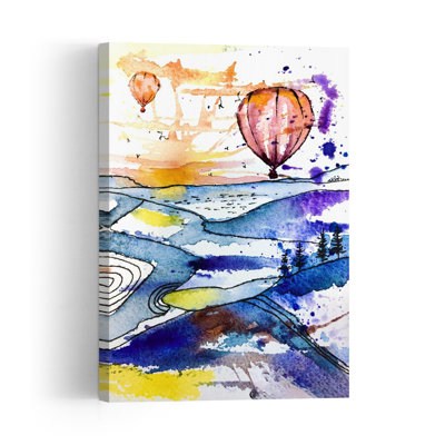 Sunset Balloon Landscape Colorful Dreamy Peaceful Landscape Mountain Wall Art Print 1 Piece Wrapped Canvas Wall Art