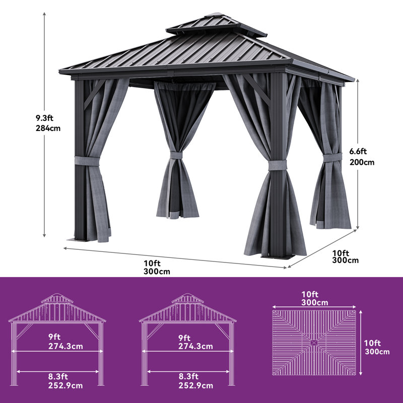 9,8 pi L 9,8 pi. D Pavillon de jardin en aluminium, Noir, Noir satiné