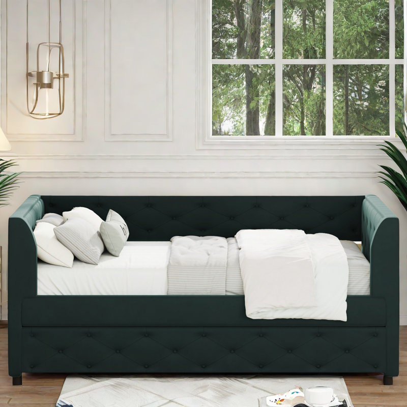 Ledley Upholstered Velvet Daybed with Trundle, Storage Pockets and Button Tufted Design, Green