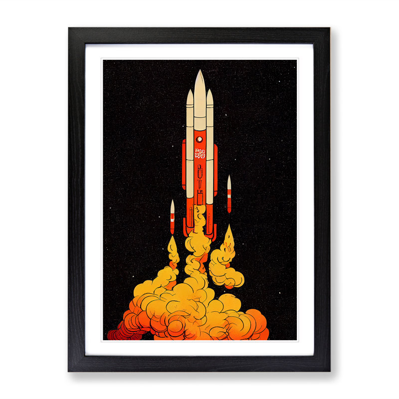 XV1022-4010X Spaceship Rocket Vintage Art No.2 - Single Picture Frame Print, Black, 64cm H x 46cm W x 2cm D