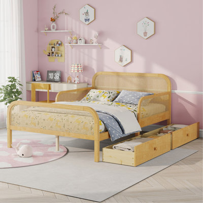 Structure de lit plateforme double avec 2 tiroirs de rangement, lit en rotin pour enfants avec tête et pied de lit, naturel