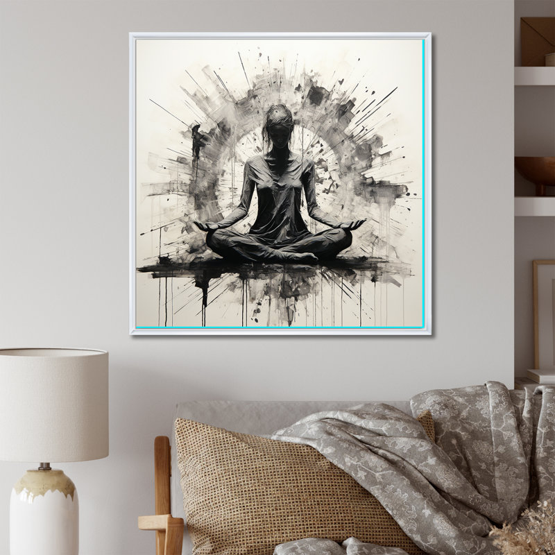 Minimalisme médiation en yoga noir et blanc IV, Cadre flottant blanc, H 16 po x l 16 po x P 1 po