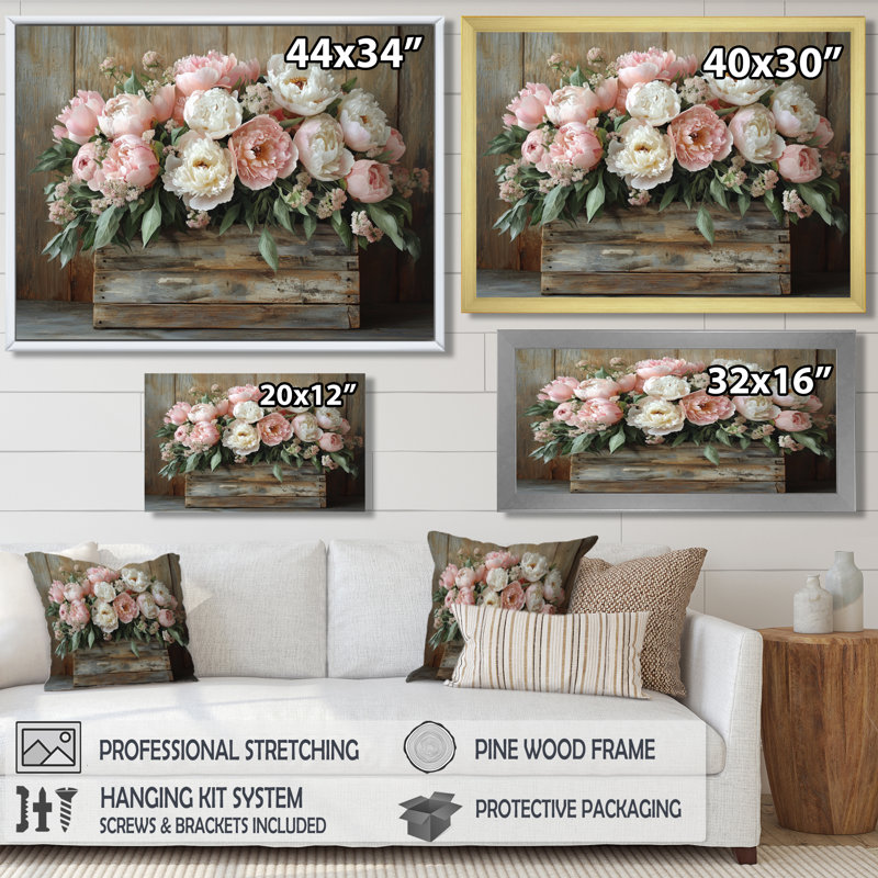 "Farmhouse Chic Bouquet II" - pivoines, reproduction d'art sur toile encadrée, Reproduction encadrée, H 34 po x l 44 po