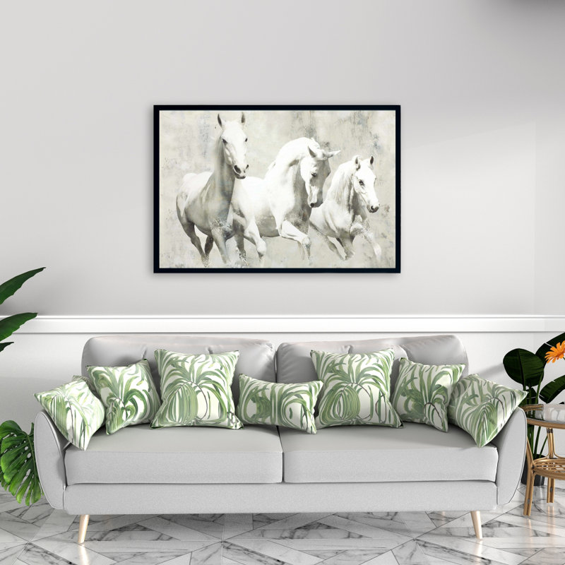 Trois chevaux blancs qui courent sur toile, H 24 po x l 36 po
